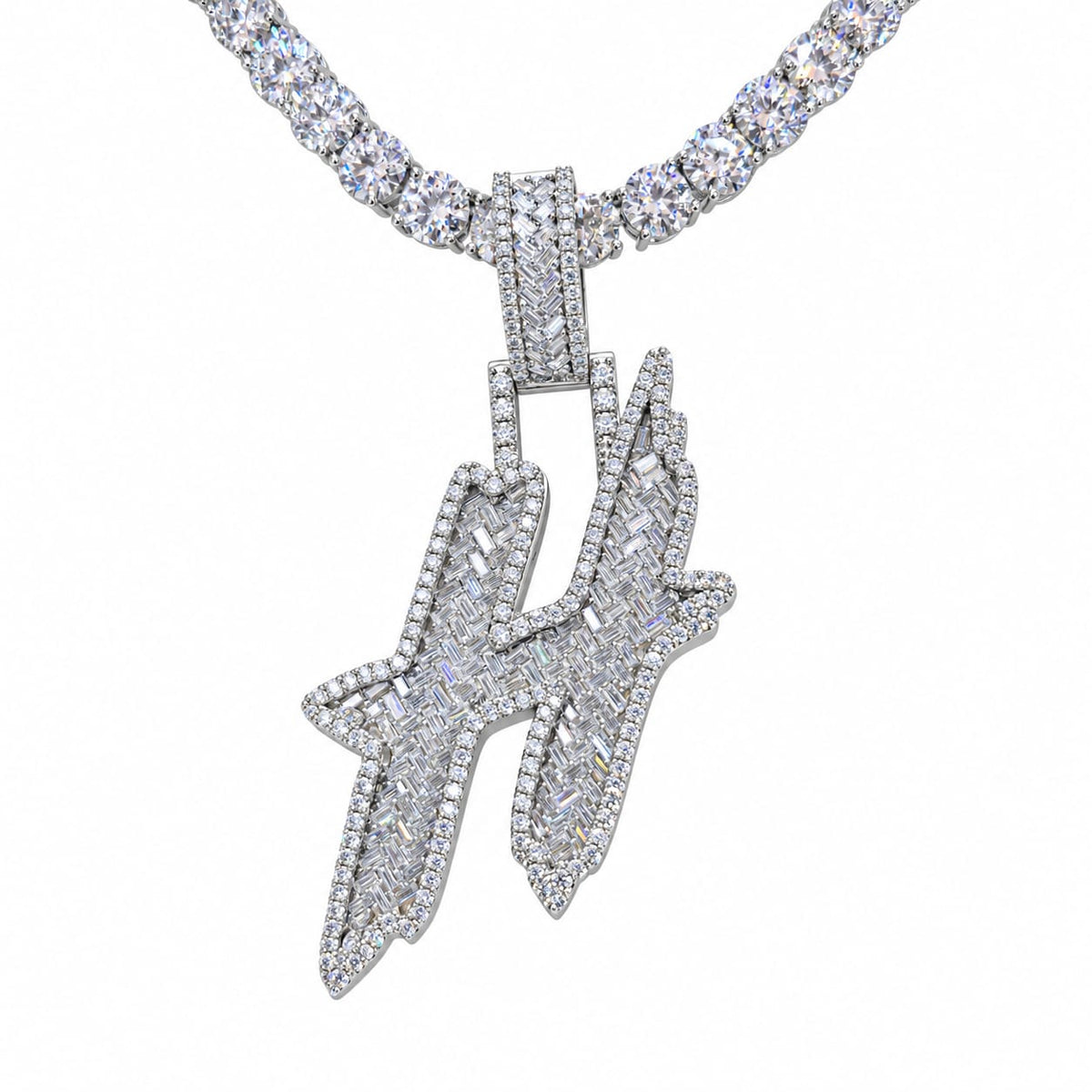 5MM Silver VVS D Color Moissanite Tennis Chain with Initial Pendant – 22” & 24” | Jewelry Palace