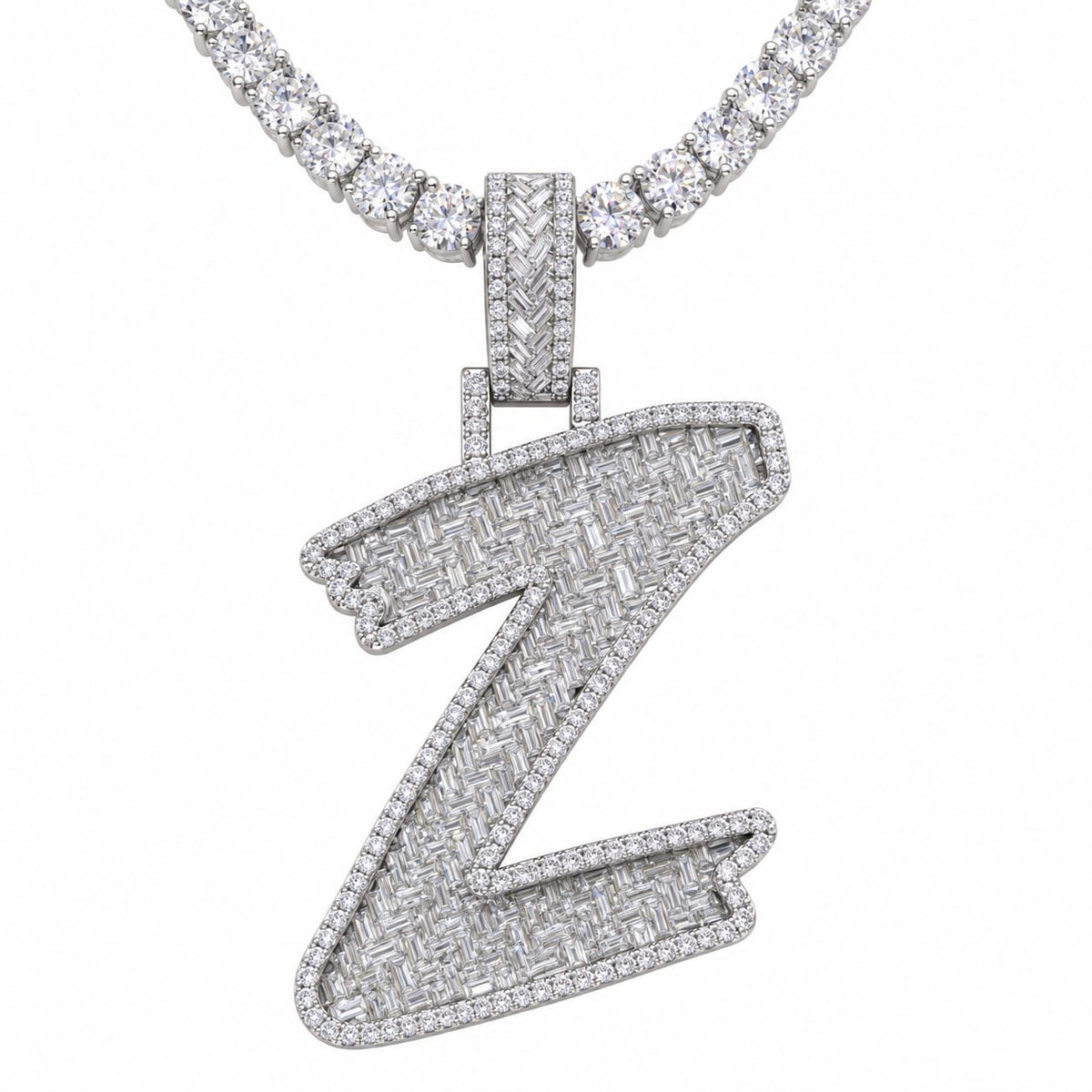 5MM Silver VVS D Color Moissanite Tennis Chain with Initial Pendant – 22” & 24” | Jewelry Palace