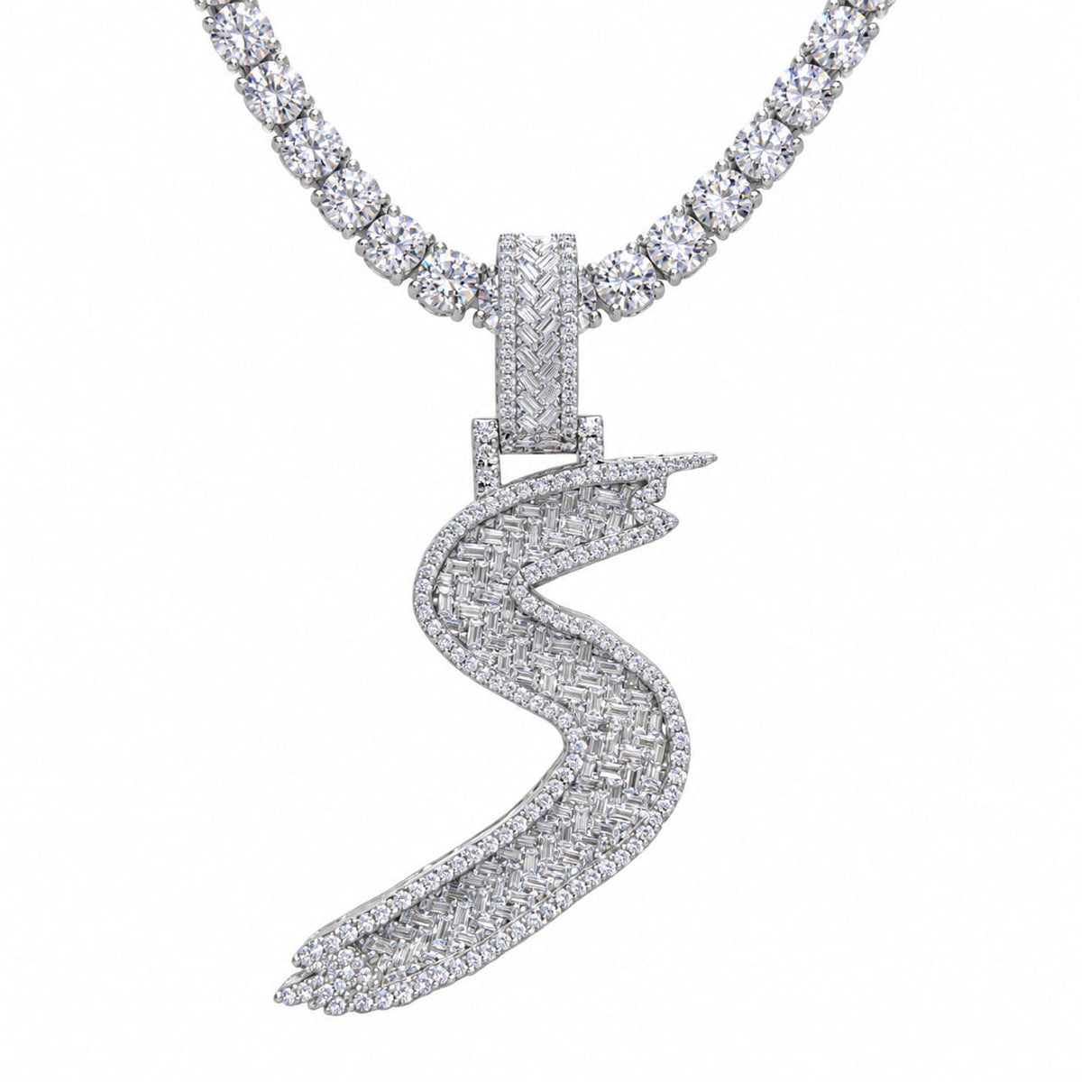 5MM Silver VVS D Color Moissanite Tennis Chain with Initial Pendant – 22” & 24” | Jewelry Palace