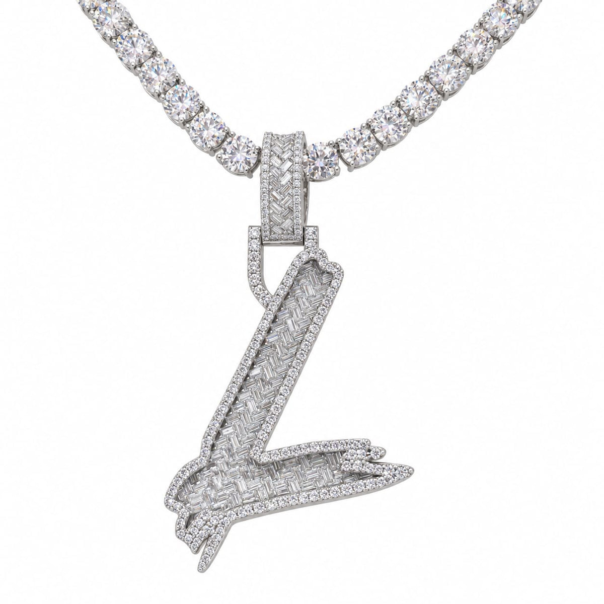 5MM Silver VVS D Color Moissanite Tennis Chain with Initial Pendant – 22” & 24” | Jewelry Palace