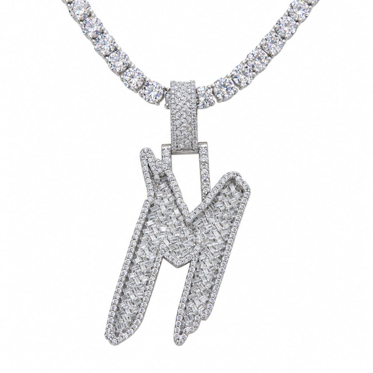 5MM Silver VVS D Color Moissanite Tennis Chain with Initial Pendant – 22” & 24” | Jewelry Palace
