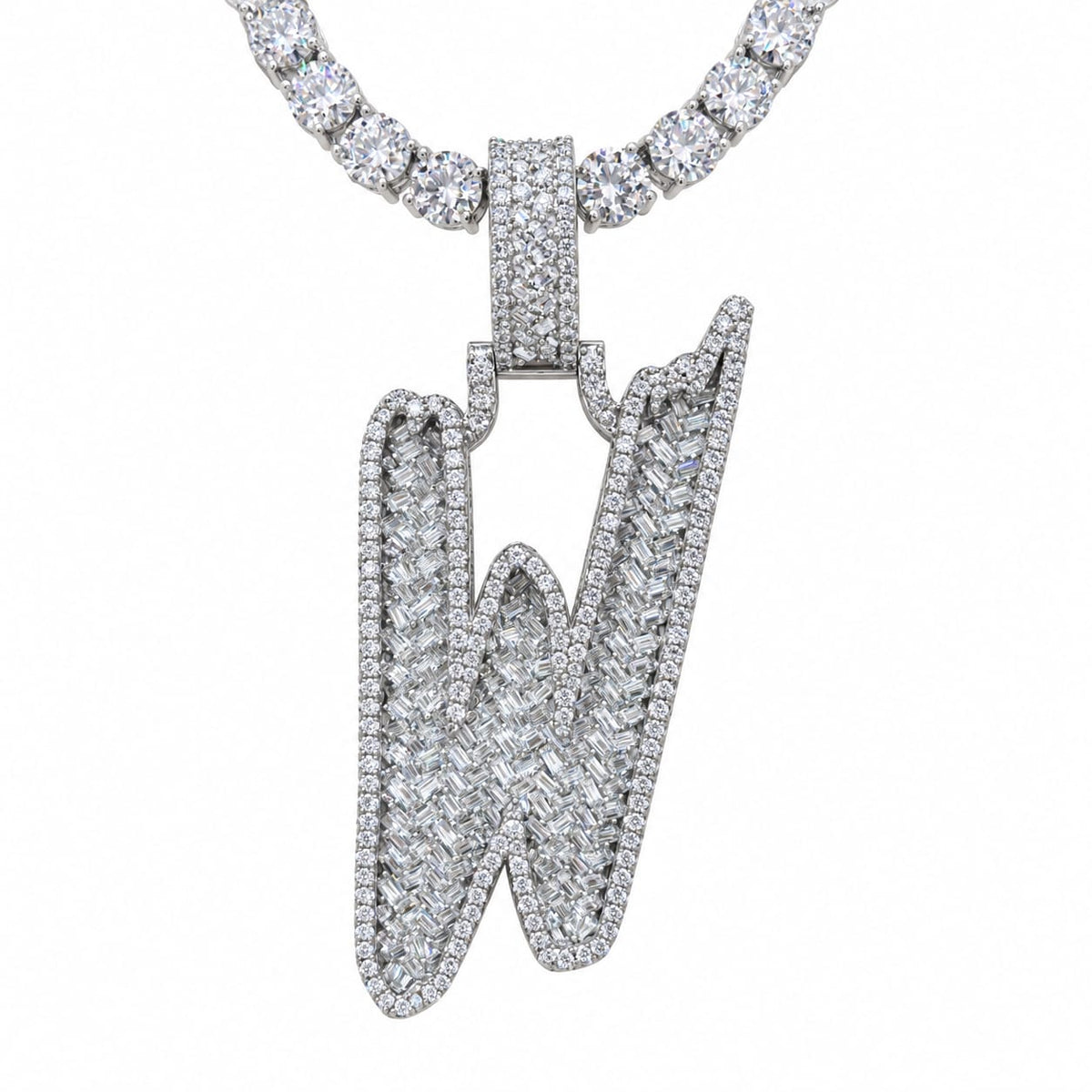 5MM Silver VVS D Color Moissanite Tennis Chain with Initial Pendant – 22” & 24” | Jewelry Palace