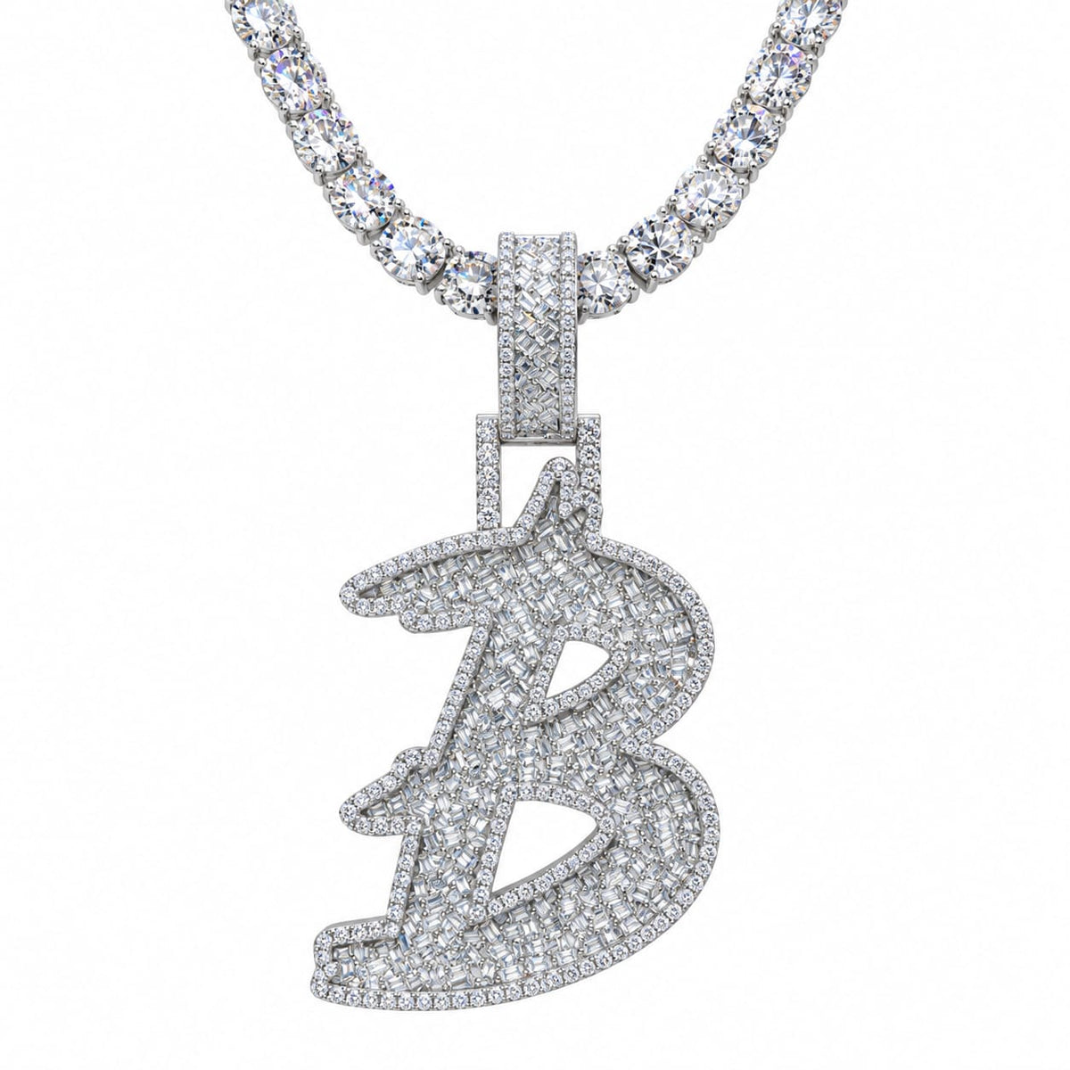 5MM Silver VVS D Color Moissanite Tennis Chain with Initial Pendant – 22” & 24” | Jewelry Palace