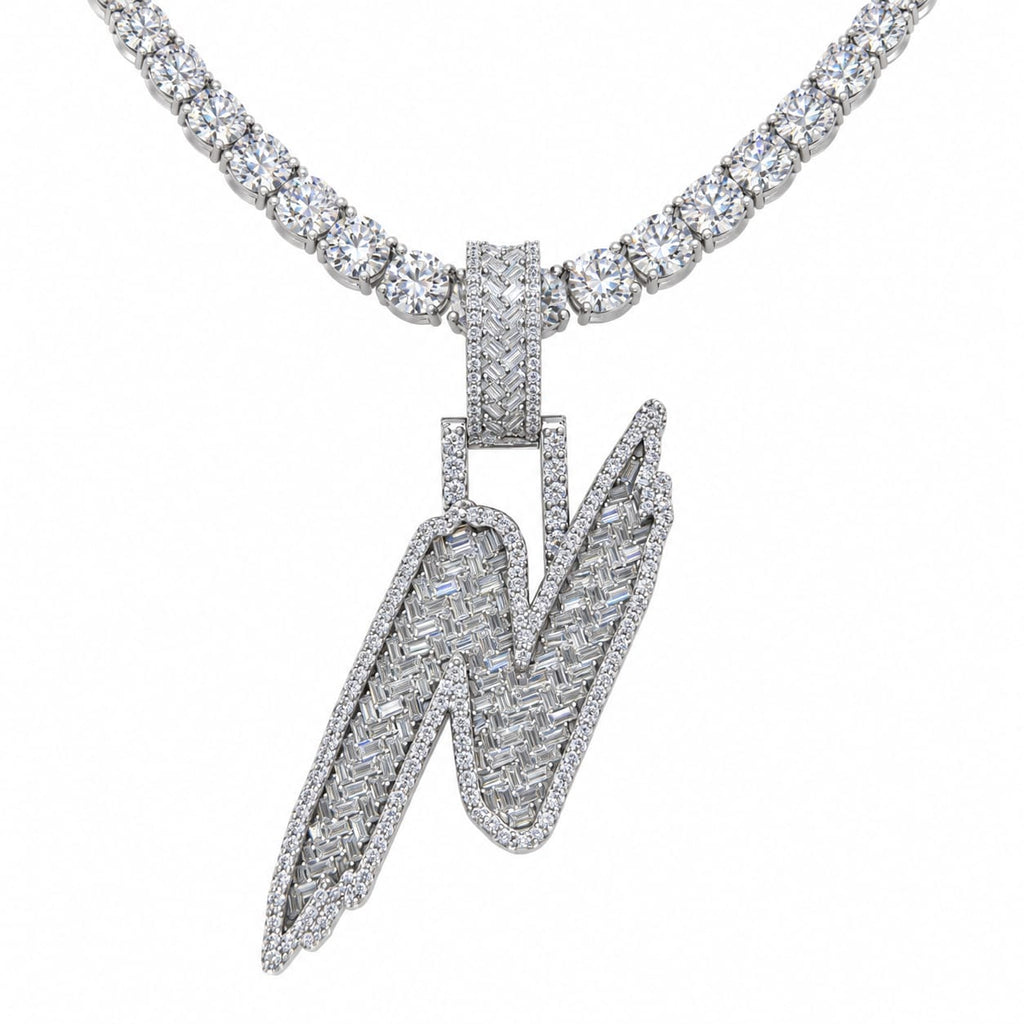 5MM Silver VVS D Color Moissanite Tennis Chain with Initial Pendant – 22” & 24” | Jewelry Palace