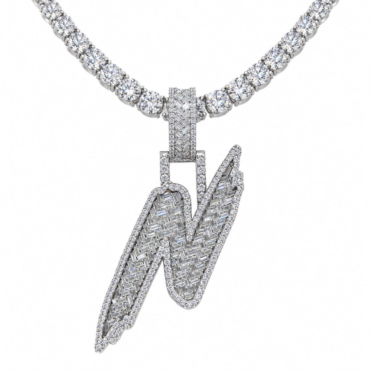 5MM Silver VVS D Color Moissanite Tennis Chain with Initial Pendant – 22” & 24” | Jewelry Palace