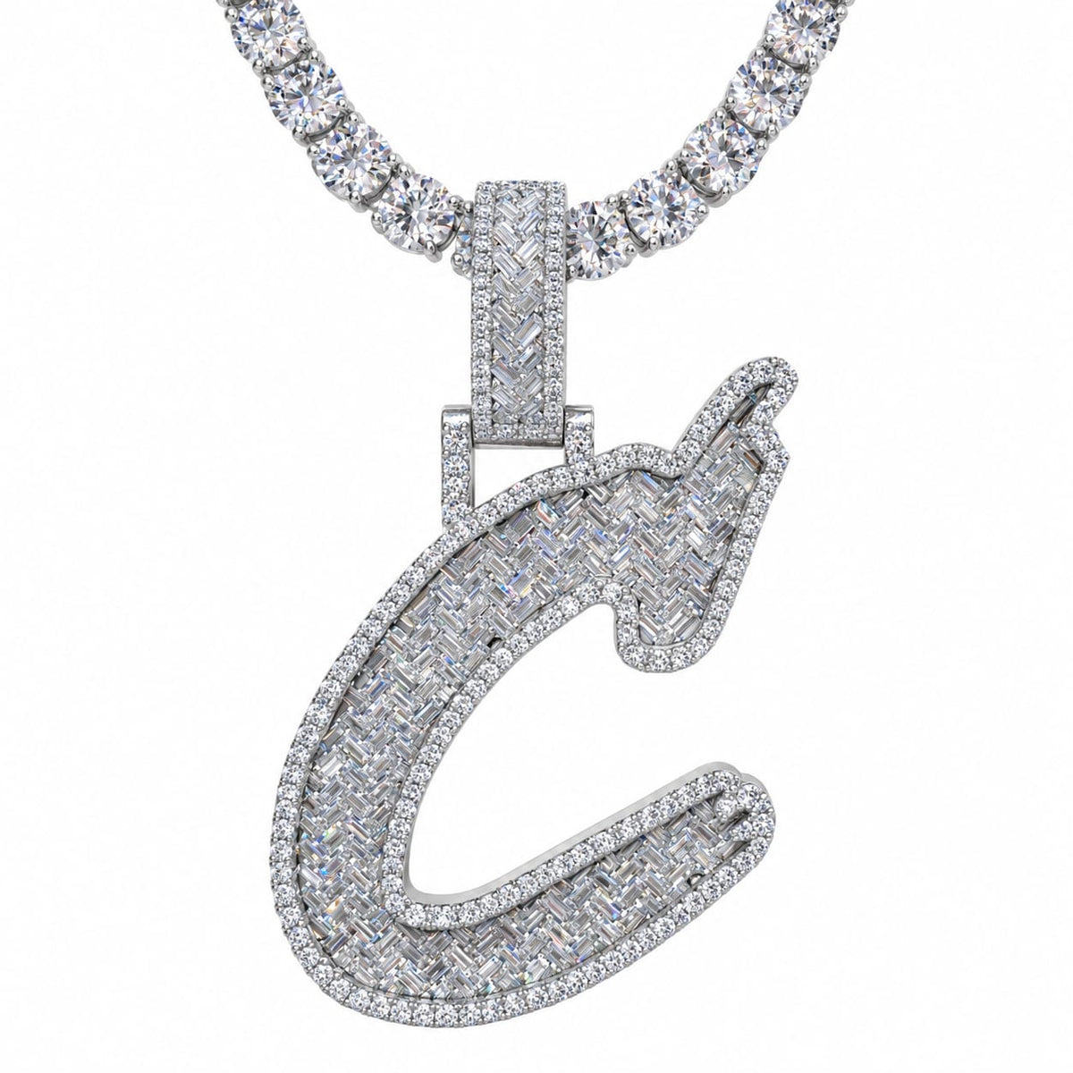 5MM Silver VVS D Color Moissanite Tennis Chain with Initial Pendant – 22” & 24” | Jewelry Palace