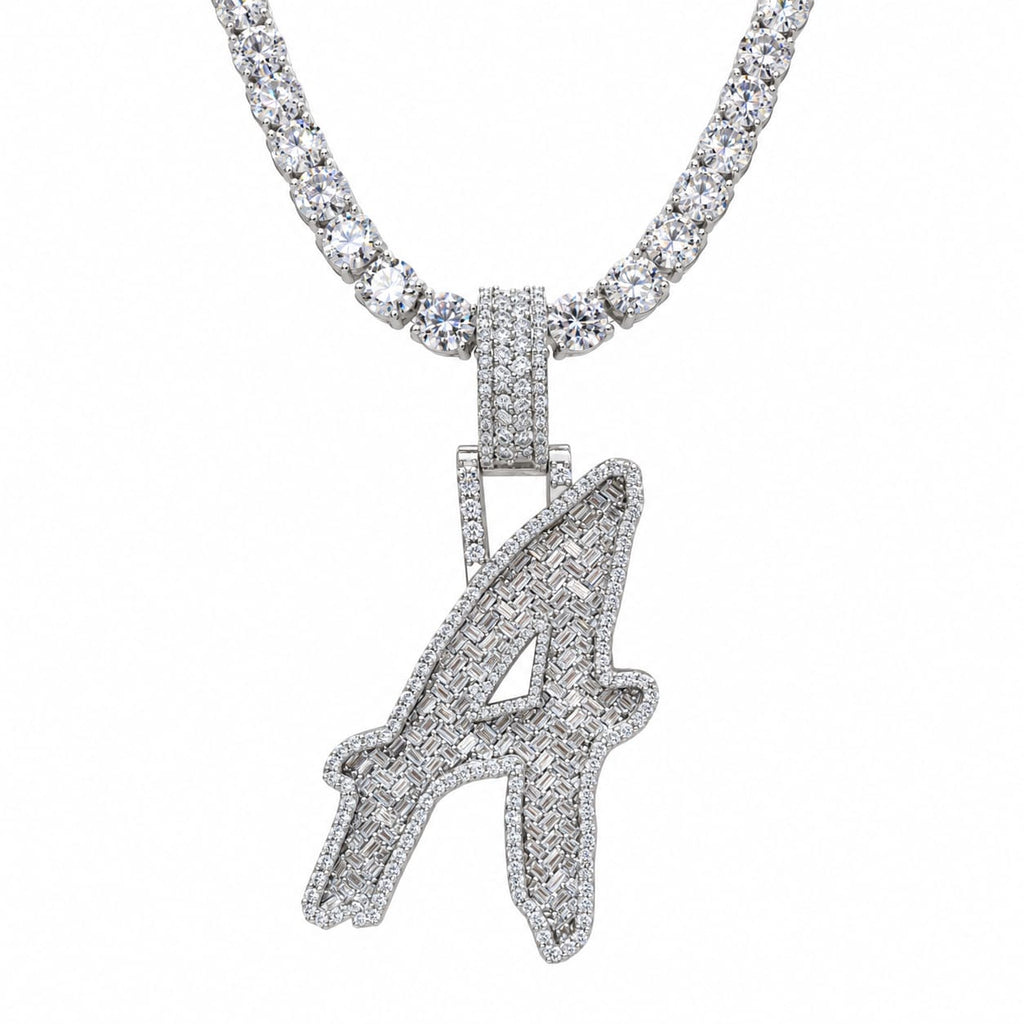 5MM Silver VVS D Color Moissanite Tennis Chain with Initial Pendant – 22” & 24” | Jewelry Palace