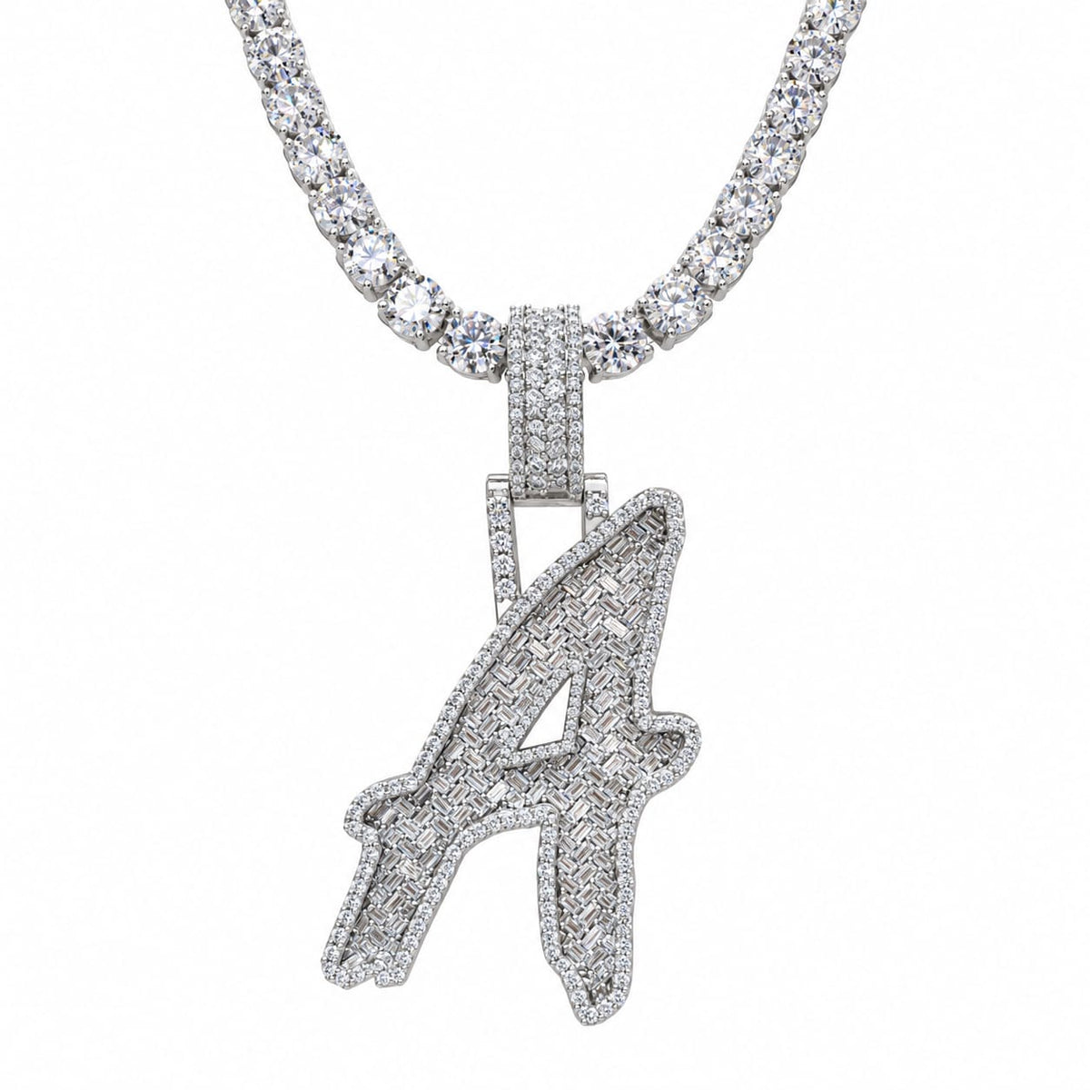 5MM Silver VVS D Color Moissanite Tennis Chain with Initial Pendant – 22” & 24” | Jewelry Palace