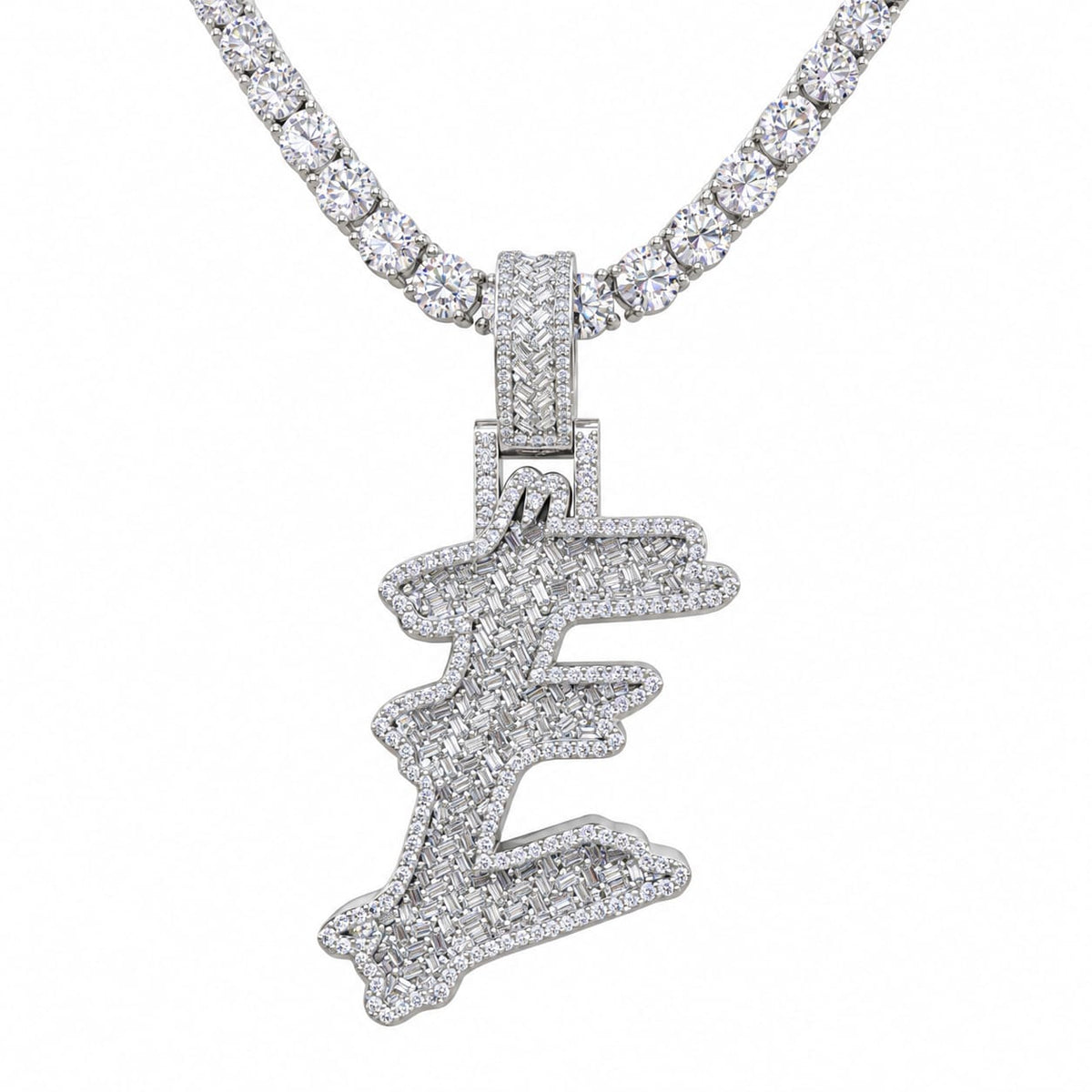 5MM Silver VVS D Color Moissanite Tennis Chain with Initial Pendant – 22” & 24” | Jewelry Palace