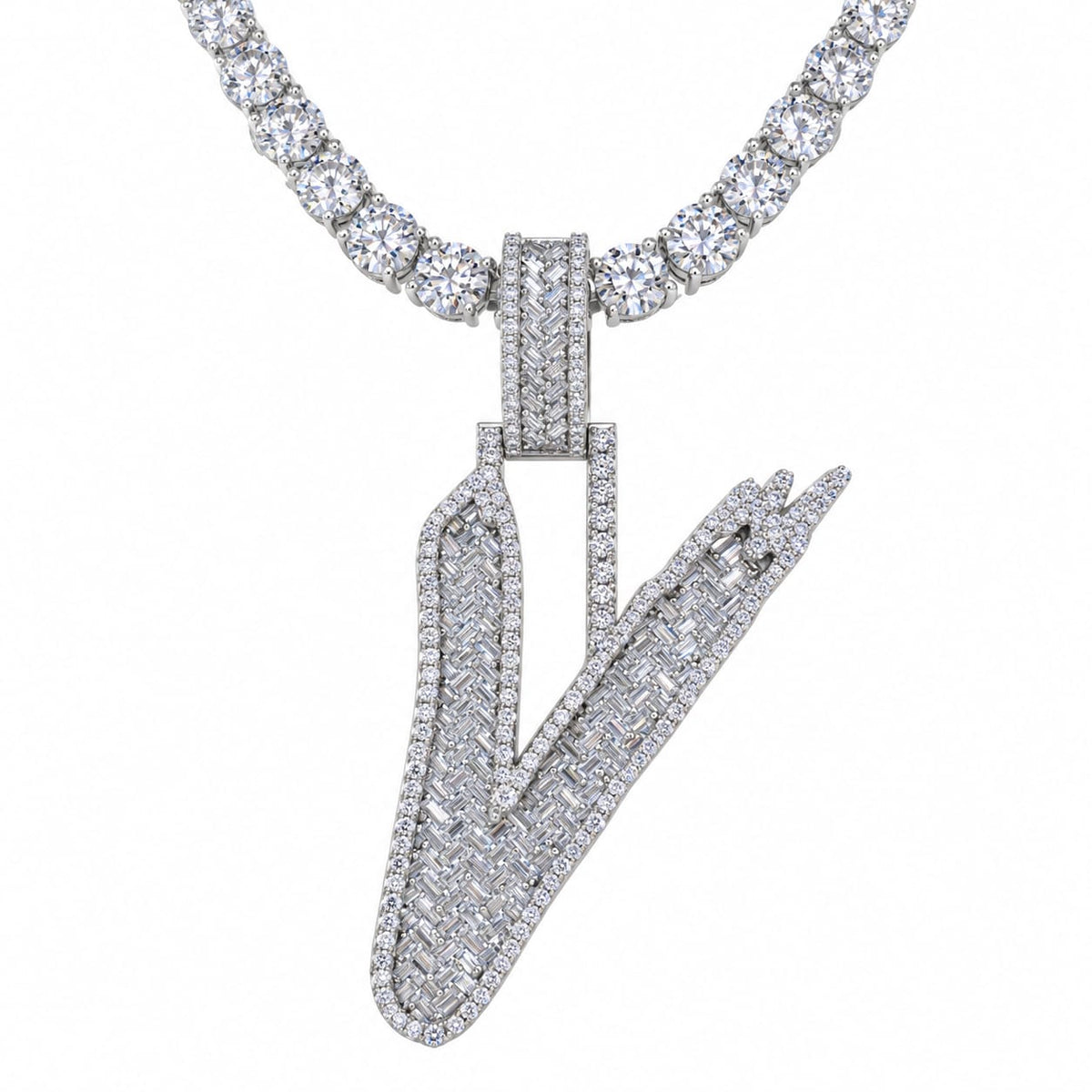 5MM Silver VVS D Color Moissanite Tennis Chain with Initial Pendant – 22” & 24” | Jewelry Palace