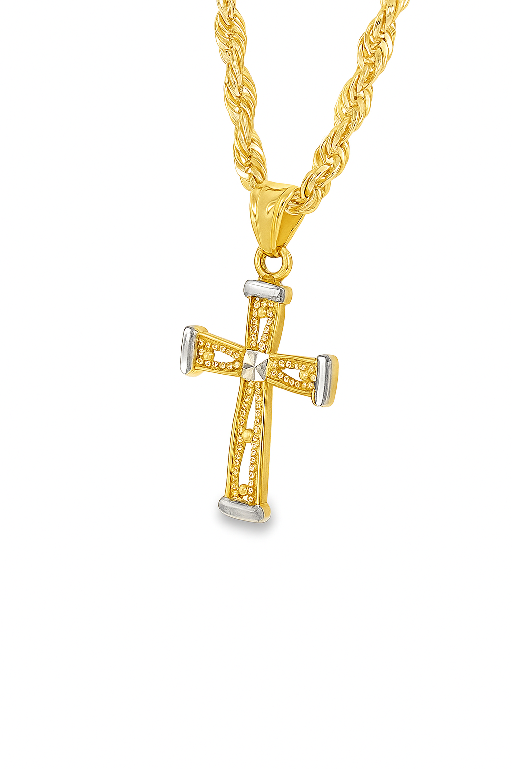 10K two-tone gold cross pendant necklace detail