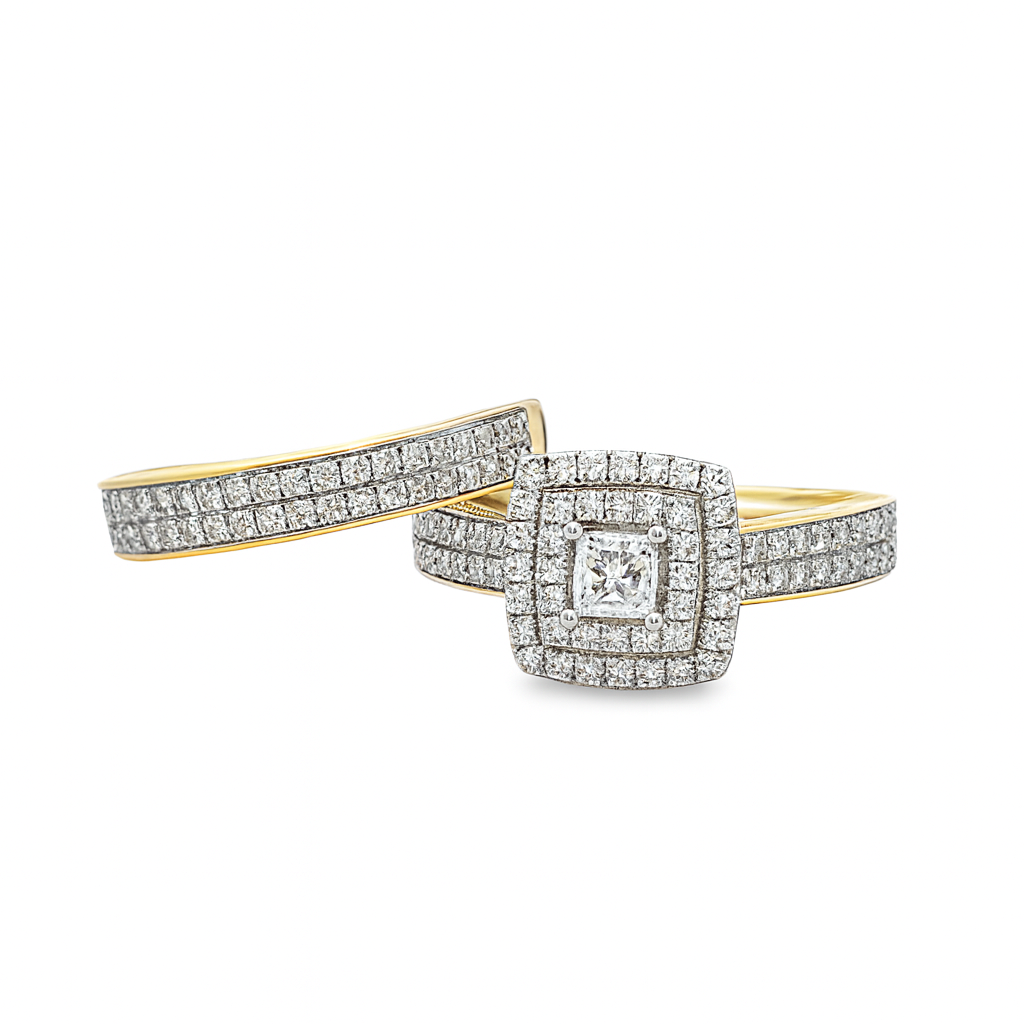 10K Yellow Gold Diamond Engagement Ring & Wedding Band Set 0.84 CTW