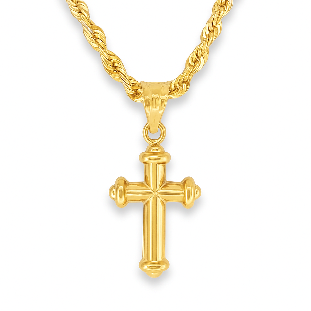 10K yellow gold cross necklace close-up