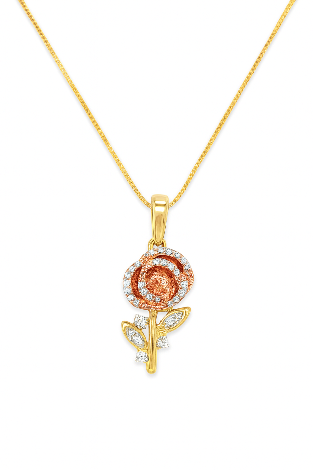 10K Yellow Gold Diamond Rose Flower Charm Necklace Two-Tone Pendant 0.20 CTW