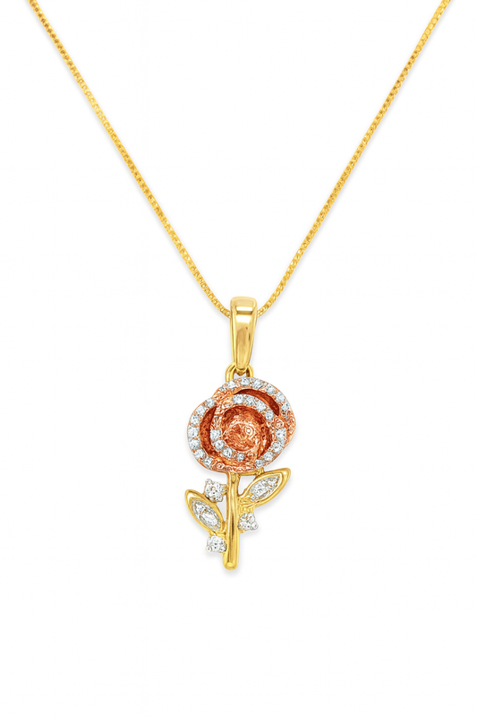 10K Yellow Gold Diamond Rose Flower Charm Necklace Two-Tone Pendant 0.20 CTW