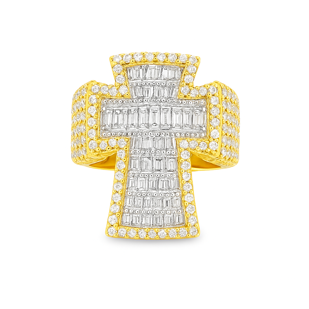 Men’s 10K Yellow Gold Diamond Cross Ring 2.95 CTW | Baguette & Round Iced-Out Ring | Jewelry Palace