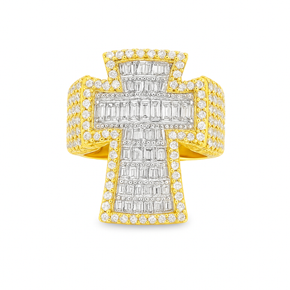 Men’s 10K Yellow Gold Diamond Cross Ring 2.95 CTW | Baguette & Round Iced-Out Ring | Jewelry Palace
