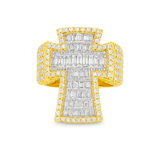 Men’s 10K Yellow Gold Diamond Cross Ring 2.95 CTW | Baguette & Round Iced-Out Ring | Jewelry Palace