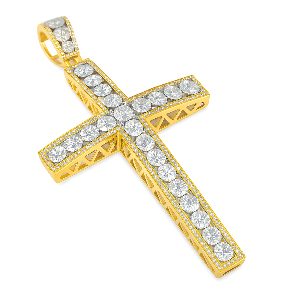 10K Yellow Gold Diamond Cross Pendant 2.15 ctw Round & Baguette Cut