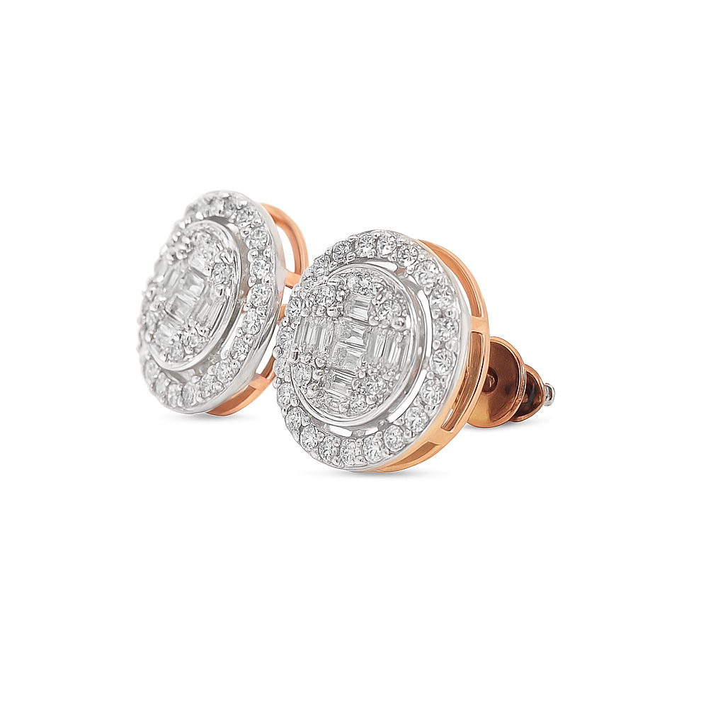 10K Rose Gold 0.60 ctw Diamond Earrings | Baguette Center with Prong-Set Halo | Jewelry Palace
