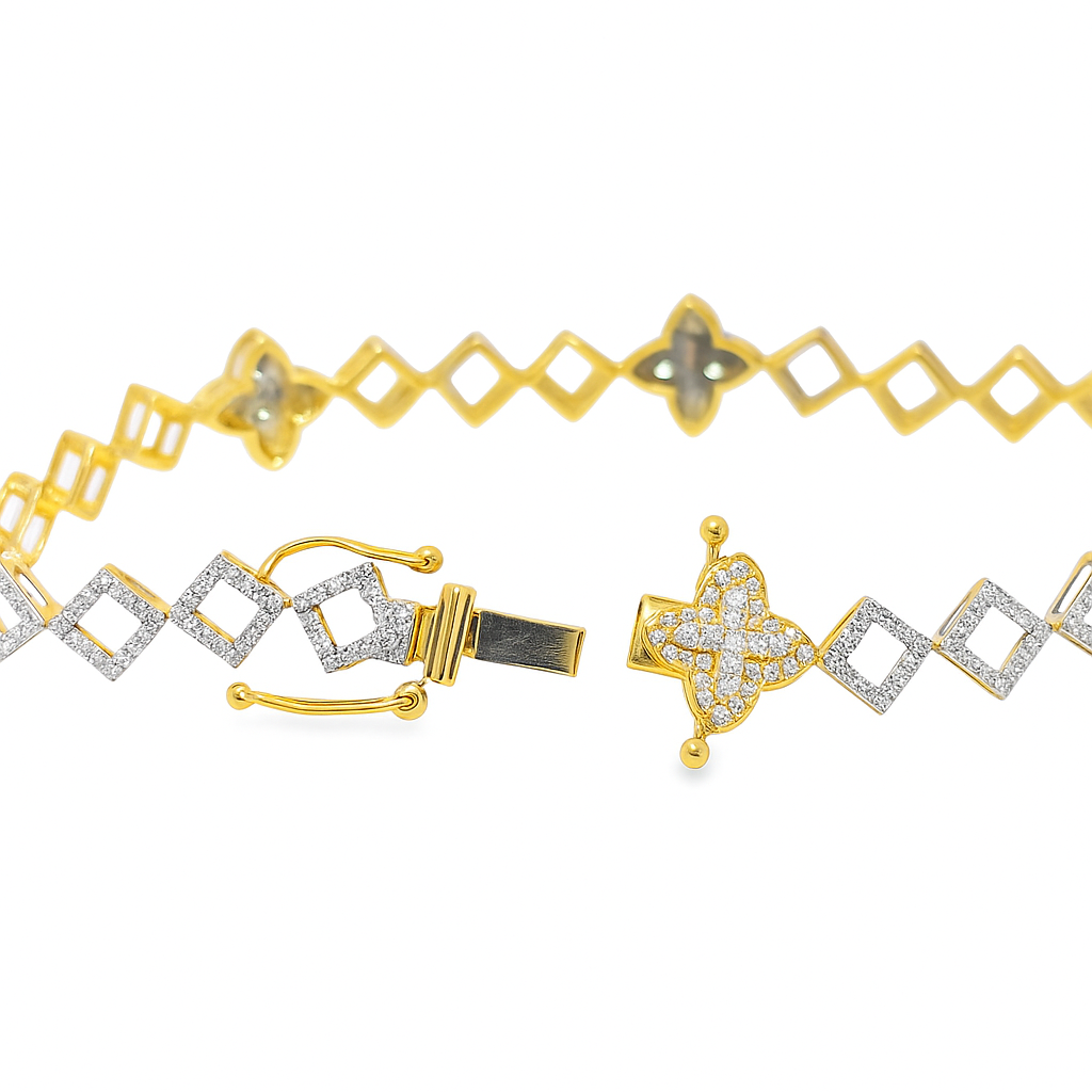 10K Yellow Gold Women’s Clover Diamond Link Bracelet 1.45 ctw – Elegant 7" Design | Jewelry Palace