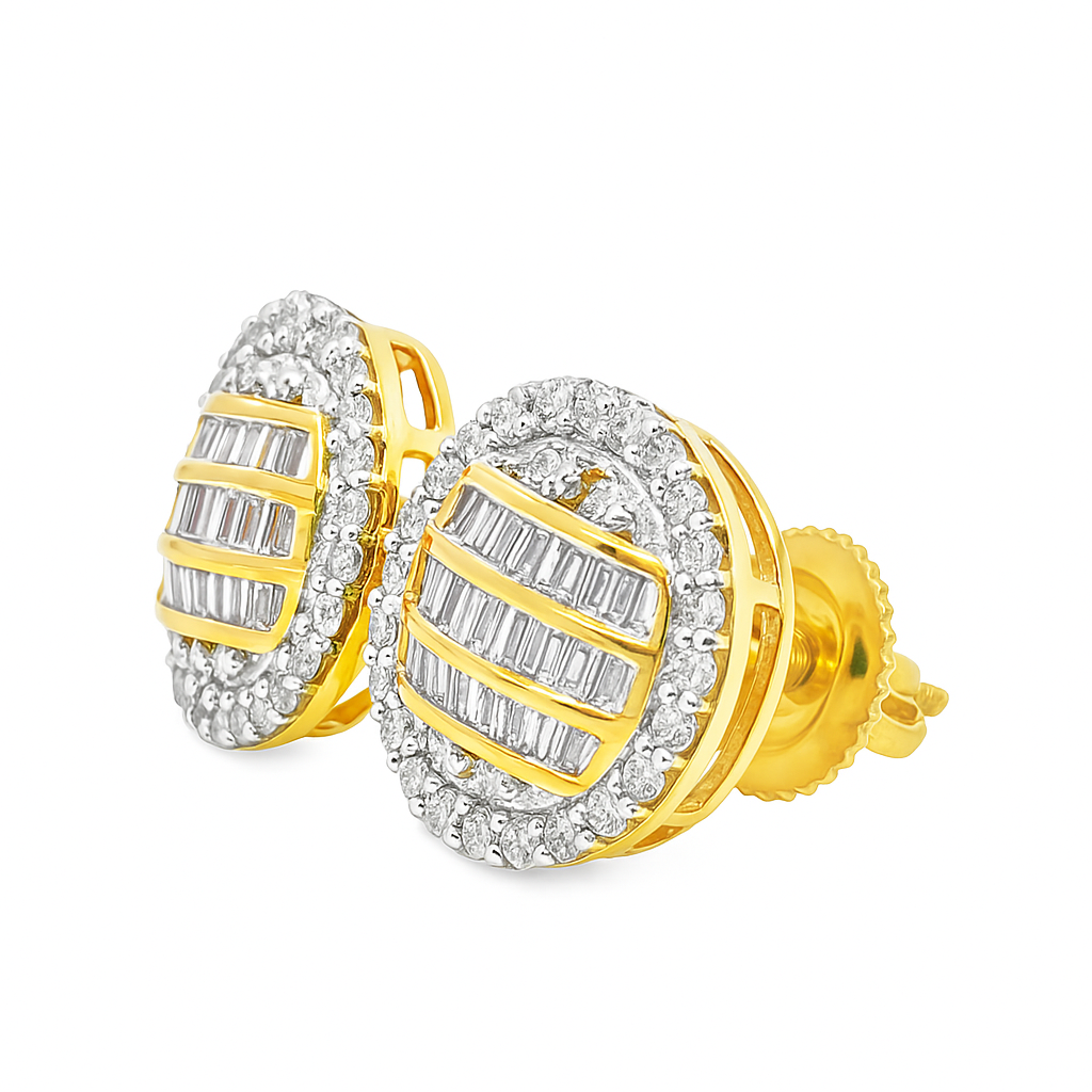 10K Yellow Gold 0.63 ctw Baguette Layered Diamond Round Earrings | Luxury Studs | Jewelry Palace