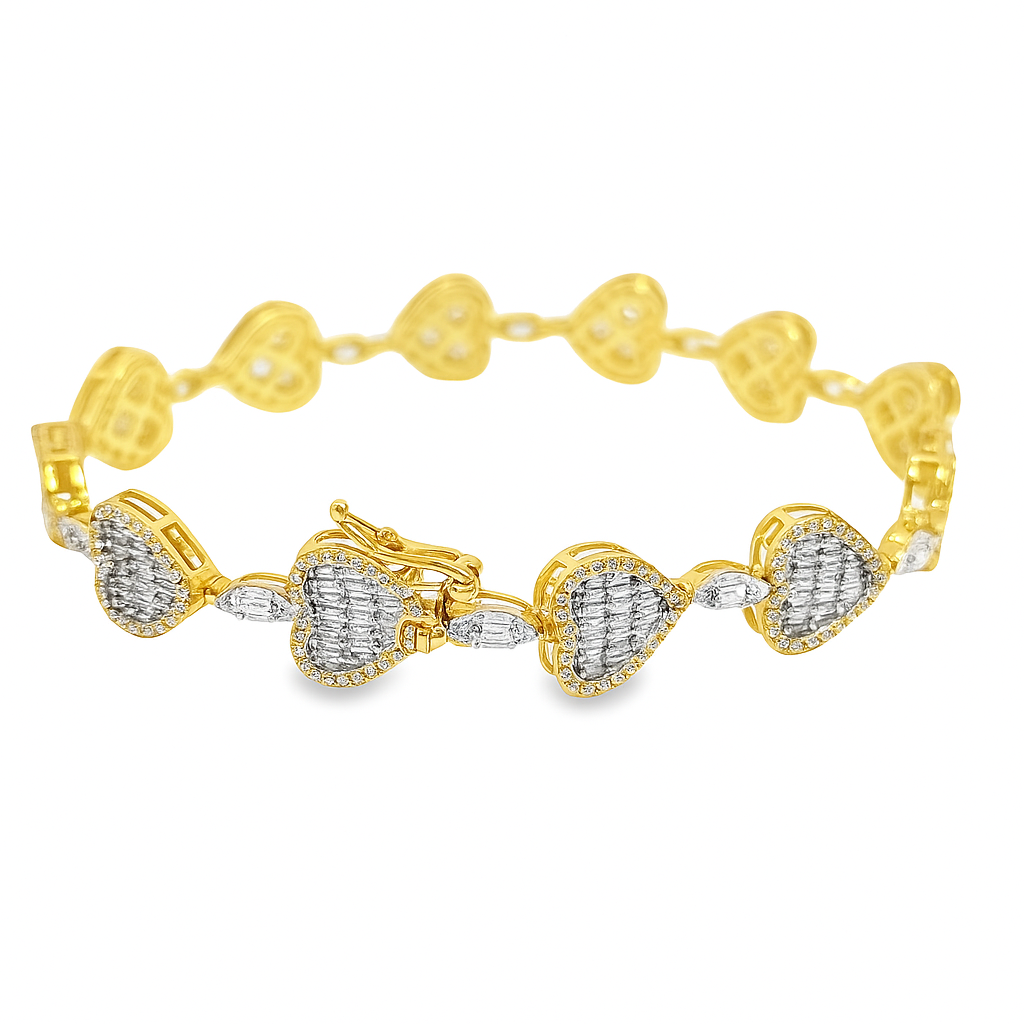 10K Yellow Gold Women’s Baguette Heart Marquise Link Diamond Bracelet 2.35 ctw – 7" Elegant Design | Jewelry Palace