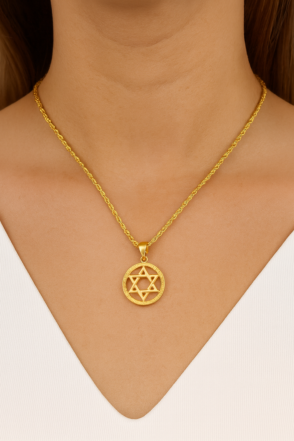 10K Yellow Gold Star of David Pendant Medallion w/ 20” Rope Chain Necklace