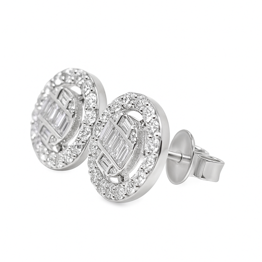 10K White Gold 0.70 ctw Diamond Halo Earrings | Baguette Center Studs | Jewelry Palace