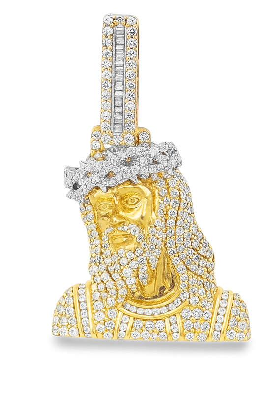 10K Yellow Gold Diamond Jesus Piece Pendant 4.0 ctw | Iced-Out Baguette & Round Diamond Religious Charm