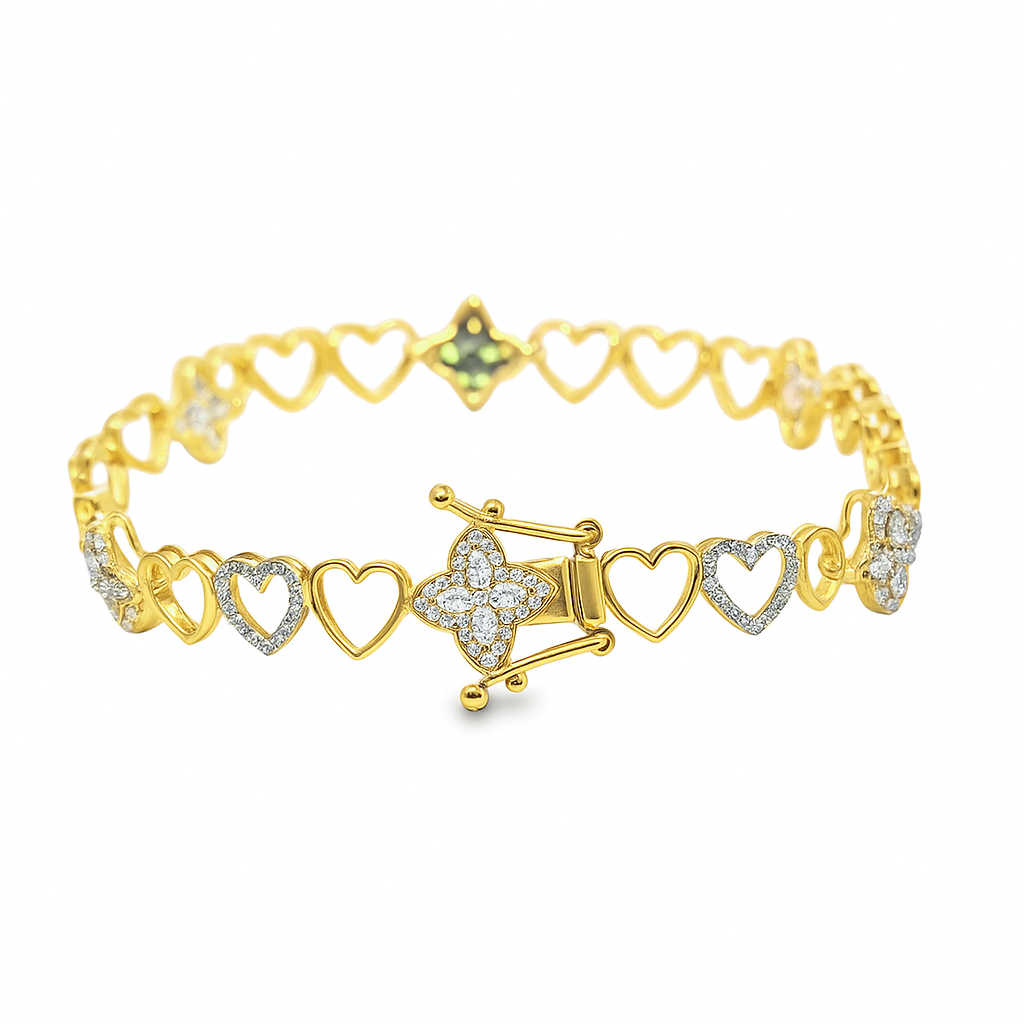 10K Yellow Gold Women’s Diamond Clover Heart Bracelet 0.95 ctw – Elegant 7" Design | Jewelry Palace