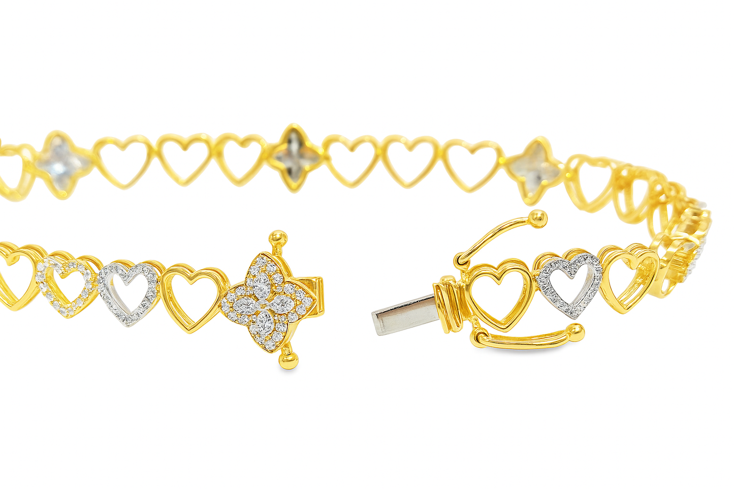 10K Yellow Gold Women’s Diamond Clover Heart Bracelet 0.95 ctw – Elegant 7" Design | Jewelry Palace