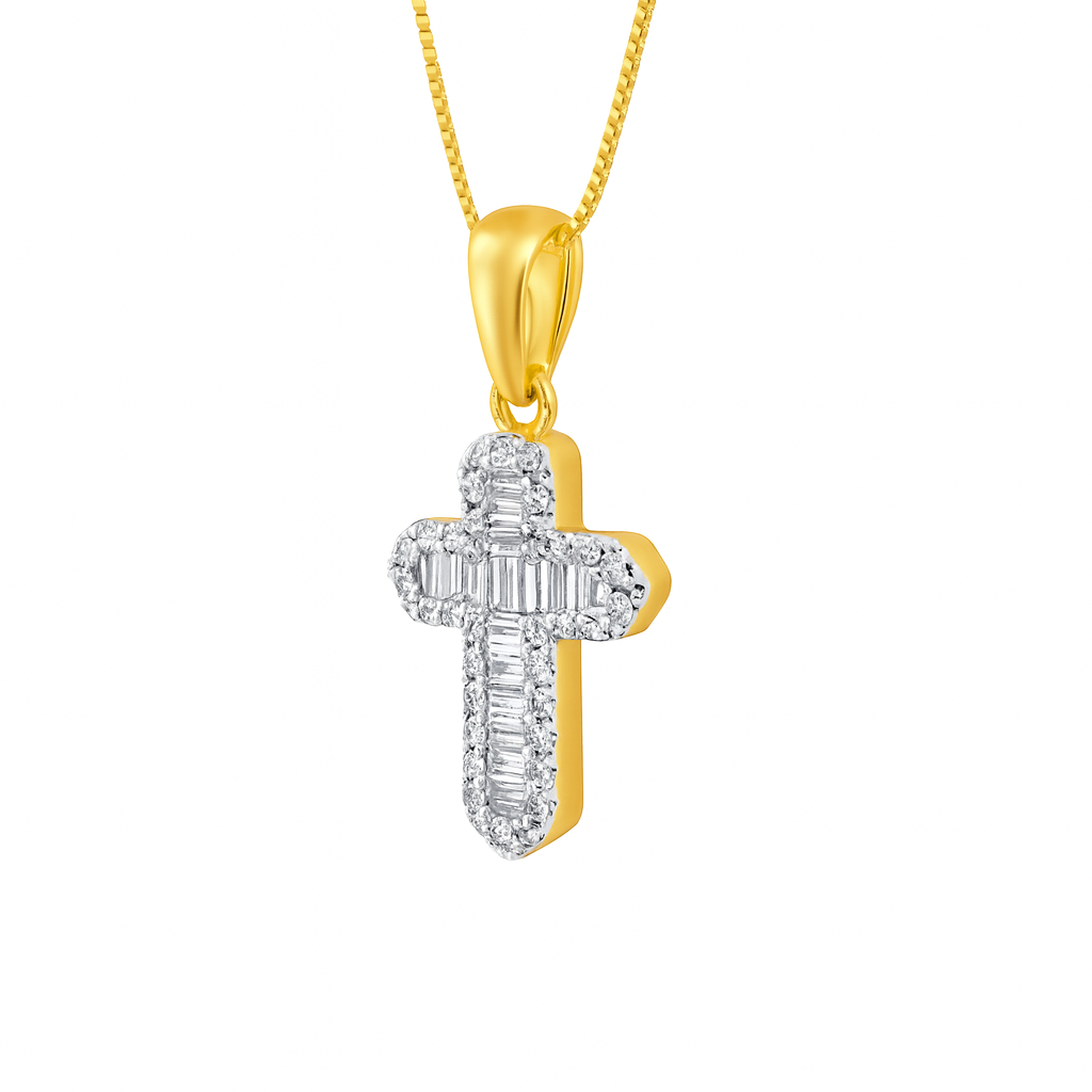 10K Yellow Gold Diamond Cross Pendant Baguette & Round Accents 0.38 CTW