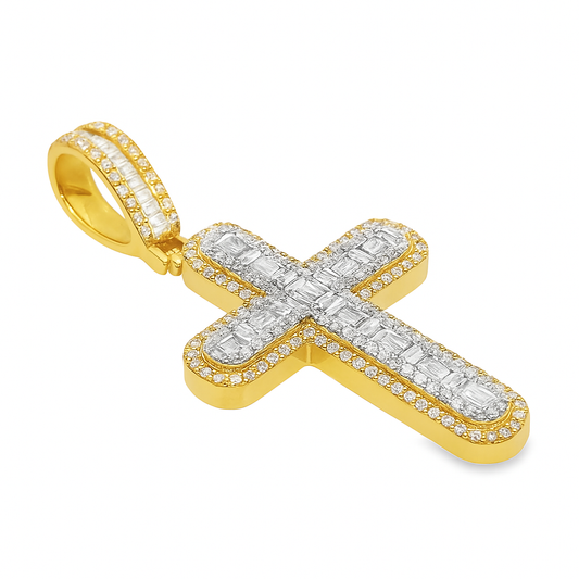 10K Yellow Gold Diamond Cross Pendant with Baguette-Cut Diamonds 2.15 ctw