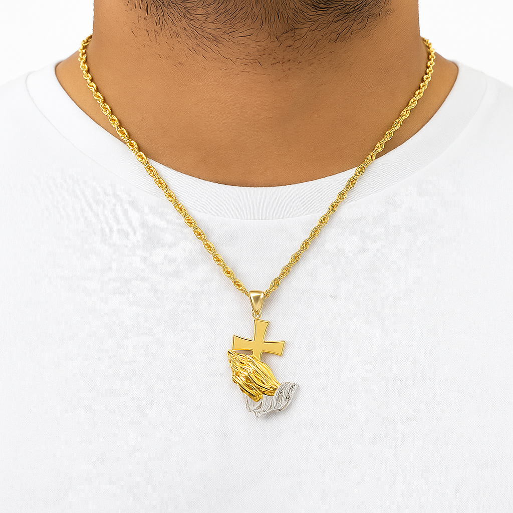 10K Yellow Gold Praying Hands with Cross Pendant Necklace Set – Symbol of Faith & Blessing | Jewelry Palace