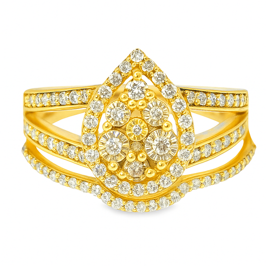 10K Yellow Gold Diamond Pear Shaped Ring with Round Diamonds and Matching Band 0.90 ctw