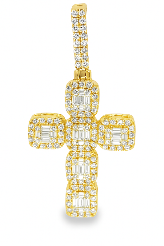 10K Yellow Gold Diamond Cross Pendant with Square Cut Diamonds 1.74 ctw