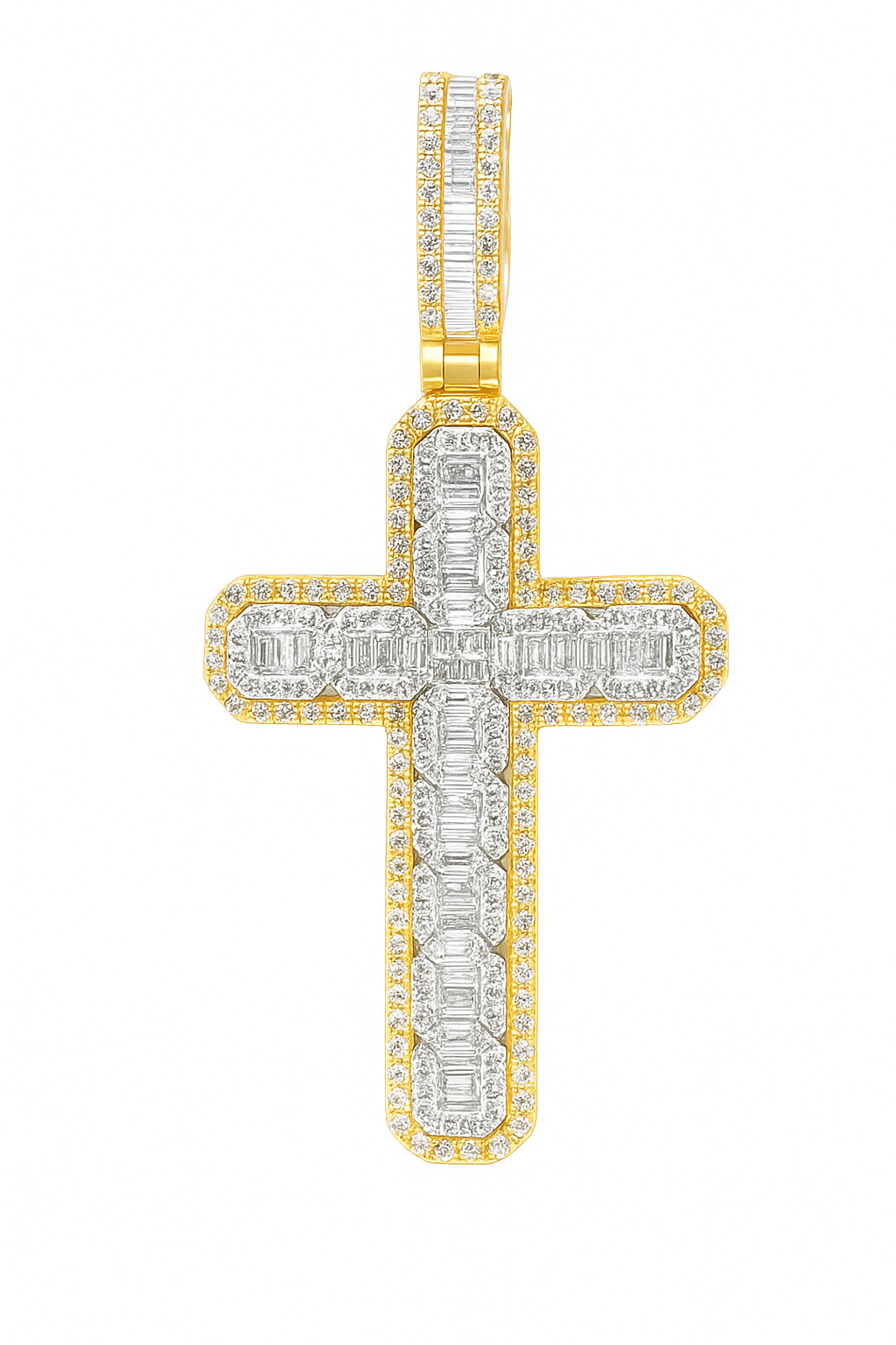 10K Yellow Gold Diamond Cross Pendant with Baguette-Cut Diamonds 2.15 ctw