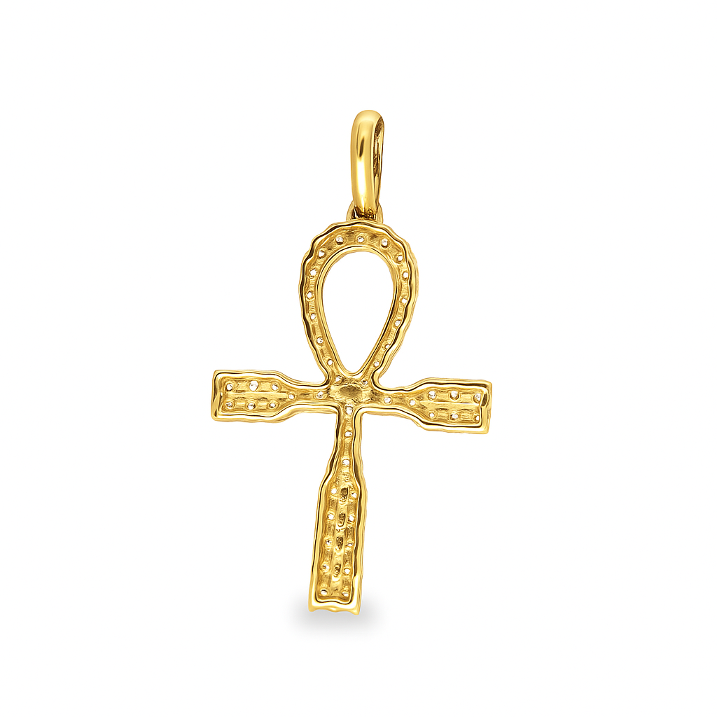 10K Yellow Gold Diamond One Row Ankh Cross Pendant 1.25 CTW | Jewelry Palace
