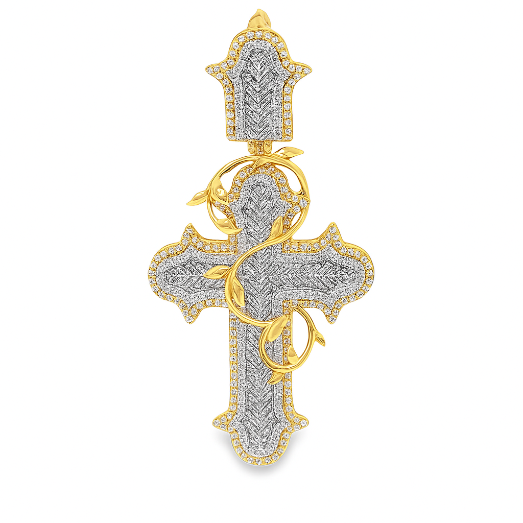 10K Yellow Gold Diamond Barbwire Cross Pendant 1.45 ctw