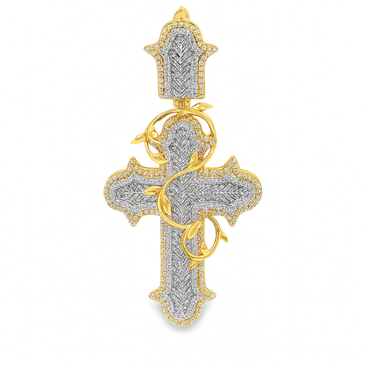 10K Yellow Gold Diamond Barbwire Cross Pendant 1.45 ctw