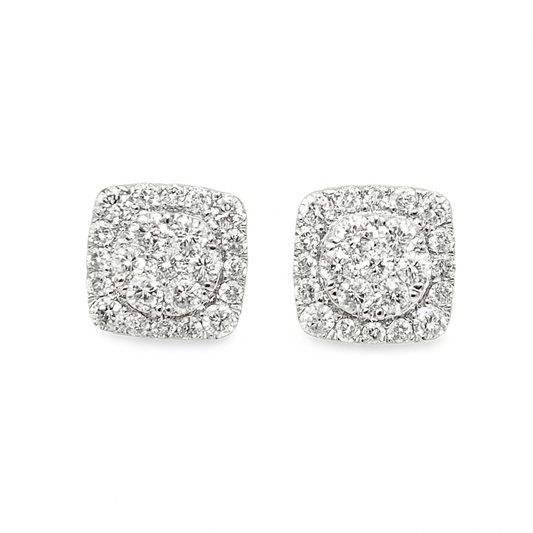 10K White Gold 0.63 ctw Diamond Square Cluster Earrings | Iced-Out Cushion Studs | Jewelry Palace