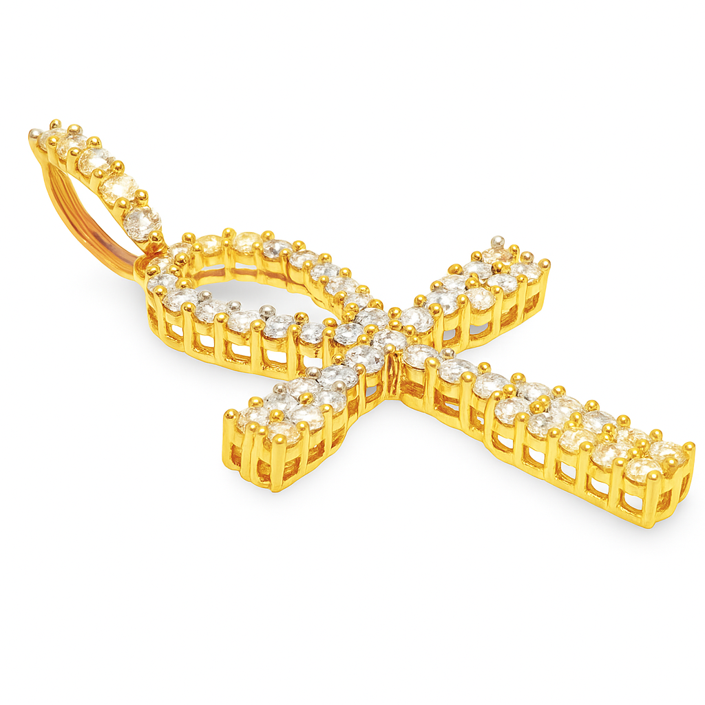 10K Yellow Gold Diamond One Row Ankh Cross Pendant 1.25 CTW | Jewelry Palace