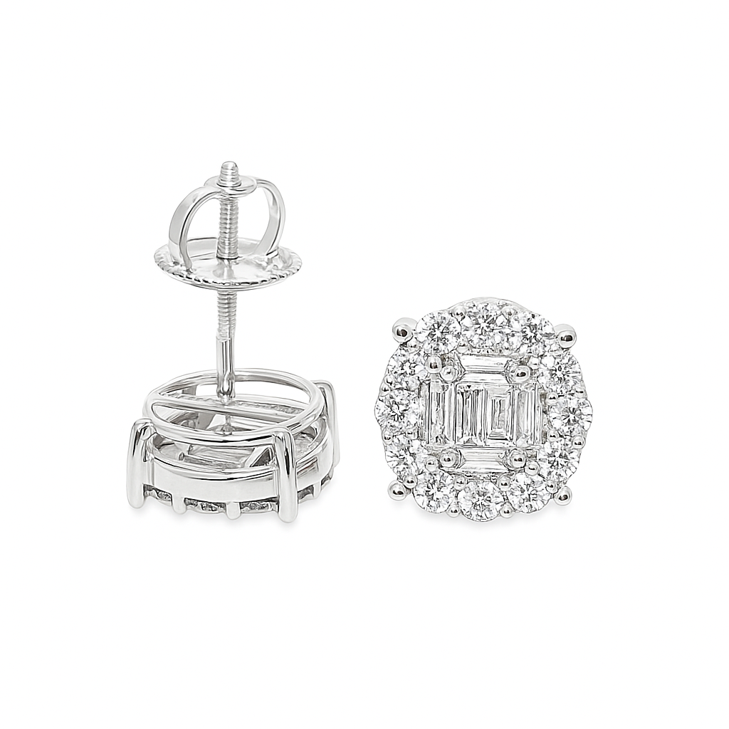 14K White Gold Baguette Center 4-Prong Diamond Round Earrings | Luxury Halo Studs | Jewelry Palace
