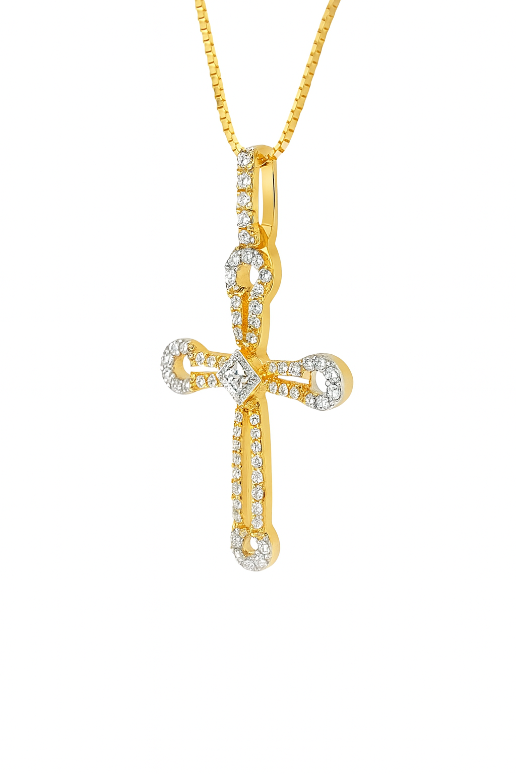 10K Yellow Gold Diamond Cross Charm Necklace Two-Tone Round Brilliant 0.23 CTW