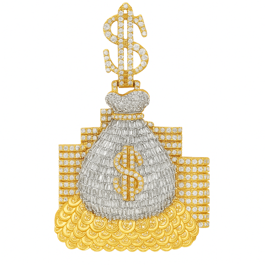 10K Yellow Gold Money Bag Pendant with Round and Baguette Diamonds 4.50 ctw