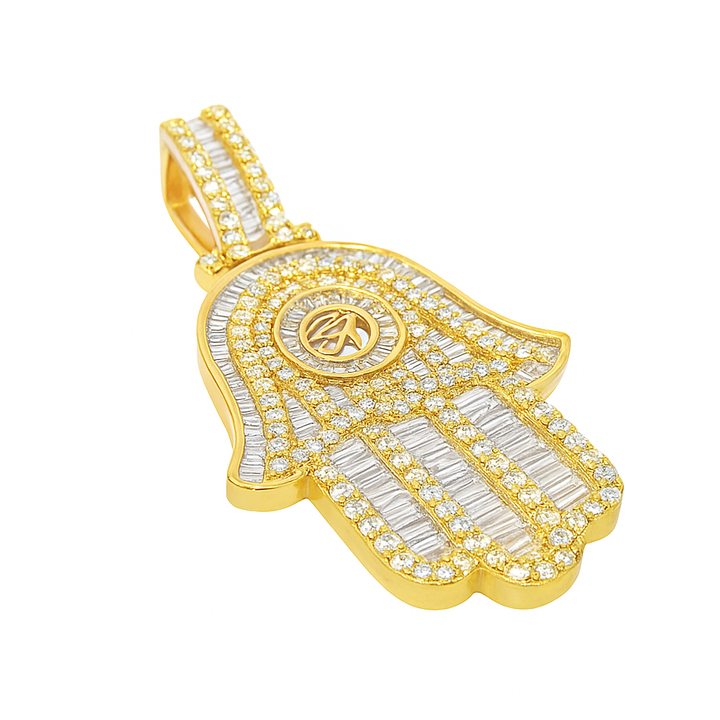 10K Yellow Gold Diamond Hamsa Pendant 2.50 ctw | Baguette & Round Diamond Hand of Protection