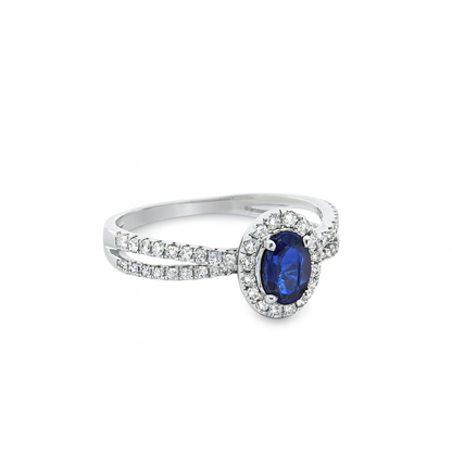 14K White Gold Oval Blue Sapphire & Diamond Ring 0.38 ctw