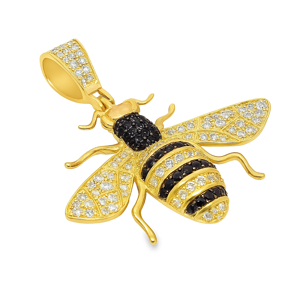 10K Yellow Gold Diamond Bee Pendant with Black and White Diamond 1.25 ctw