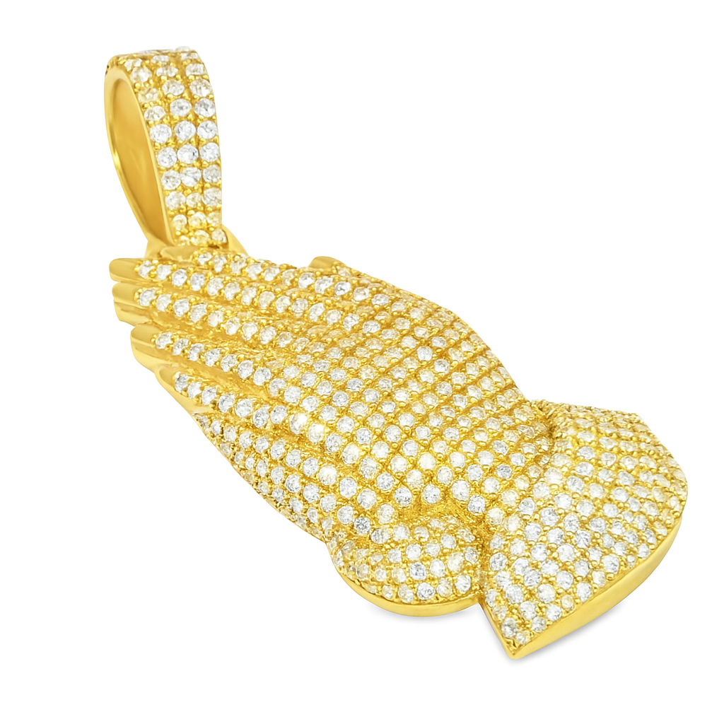 10K Yellow Gold Diamond Praying Hands Pendant 5.50 ctw | Iced-Out Faith Charm